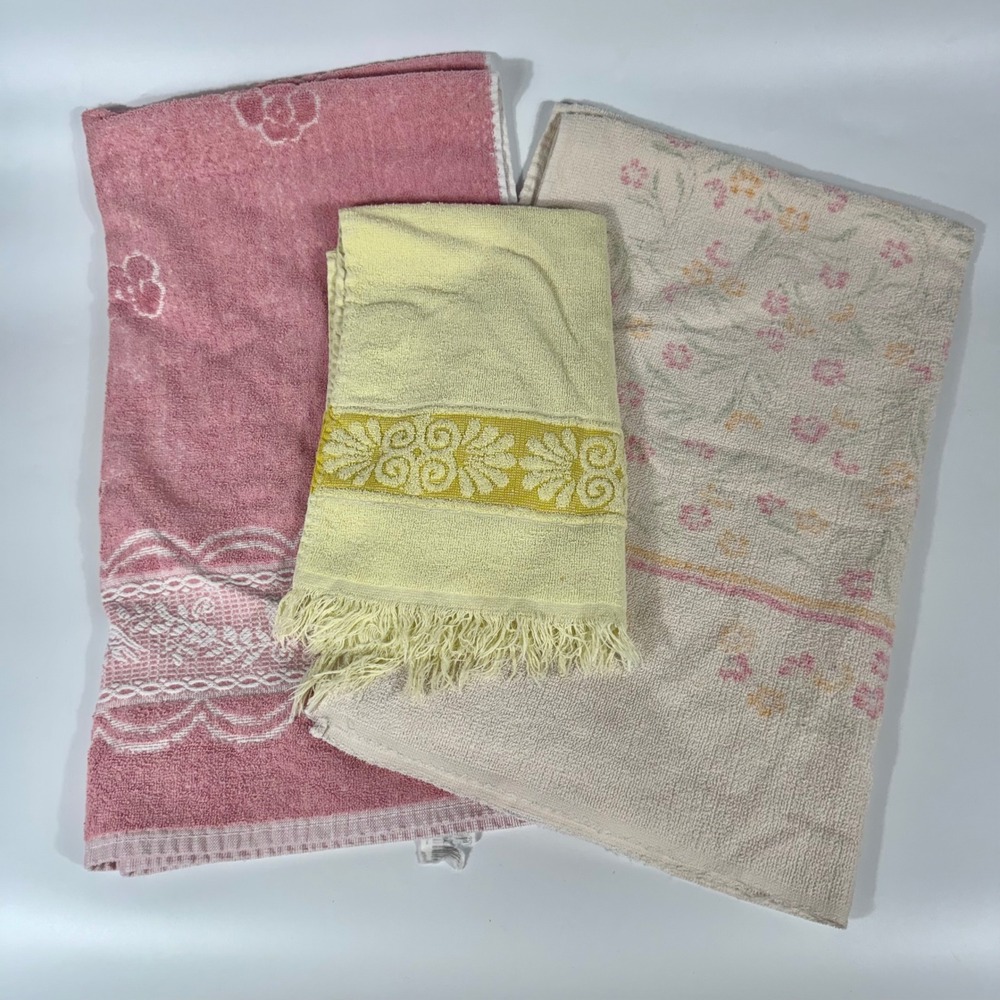 3 VTG Floral Bath Towel Set Cannon Stevens ‎ Pink Cream Yellow Retro 3pc Bundle